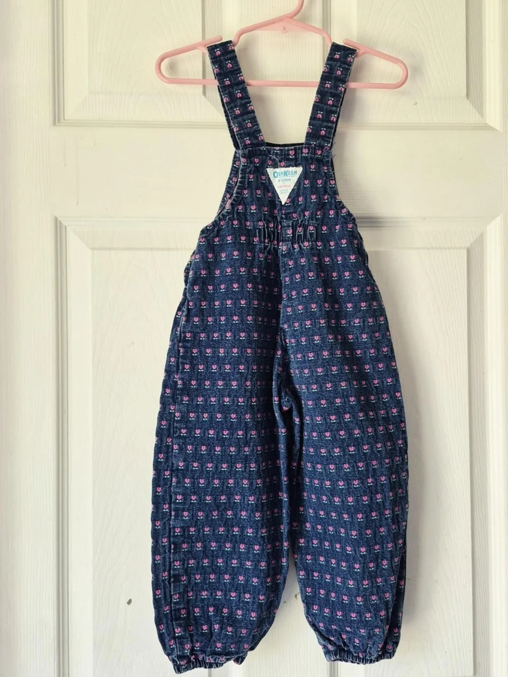 OshKosh B'gosh Dark Blue Denim Overalls with Pink Heart Print